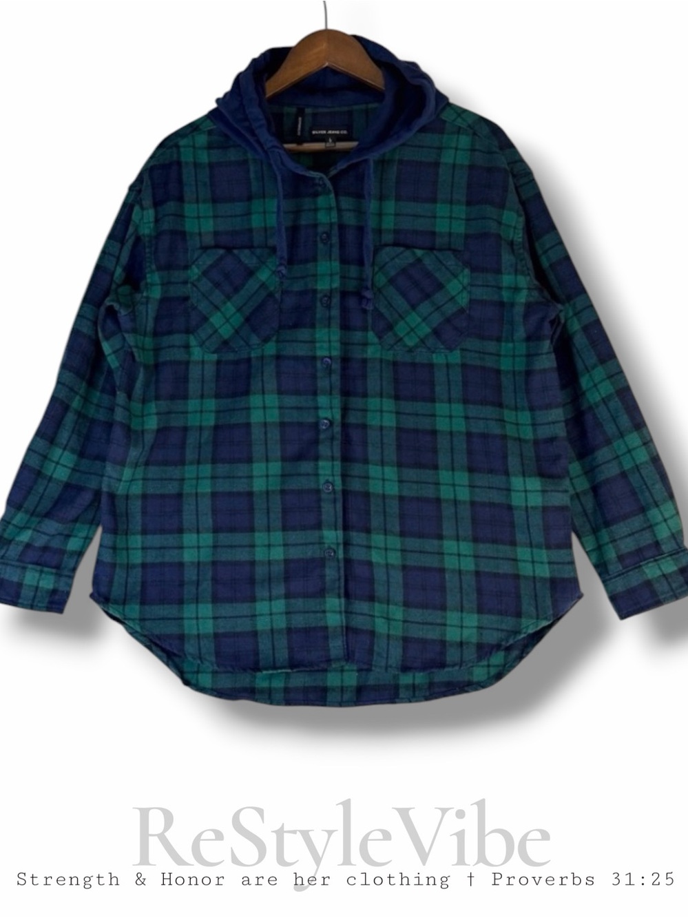 SILVER JEANS CO Women’s Size L Shirt Flannel Hooded Button Down Plaid Boyfriend